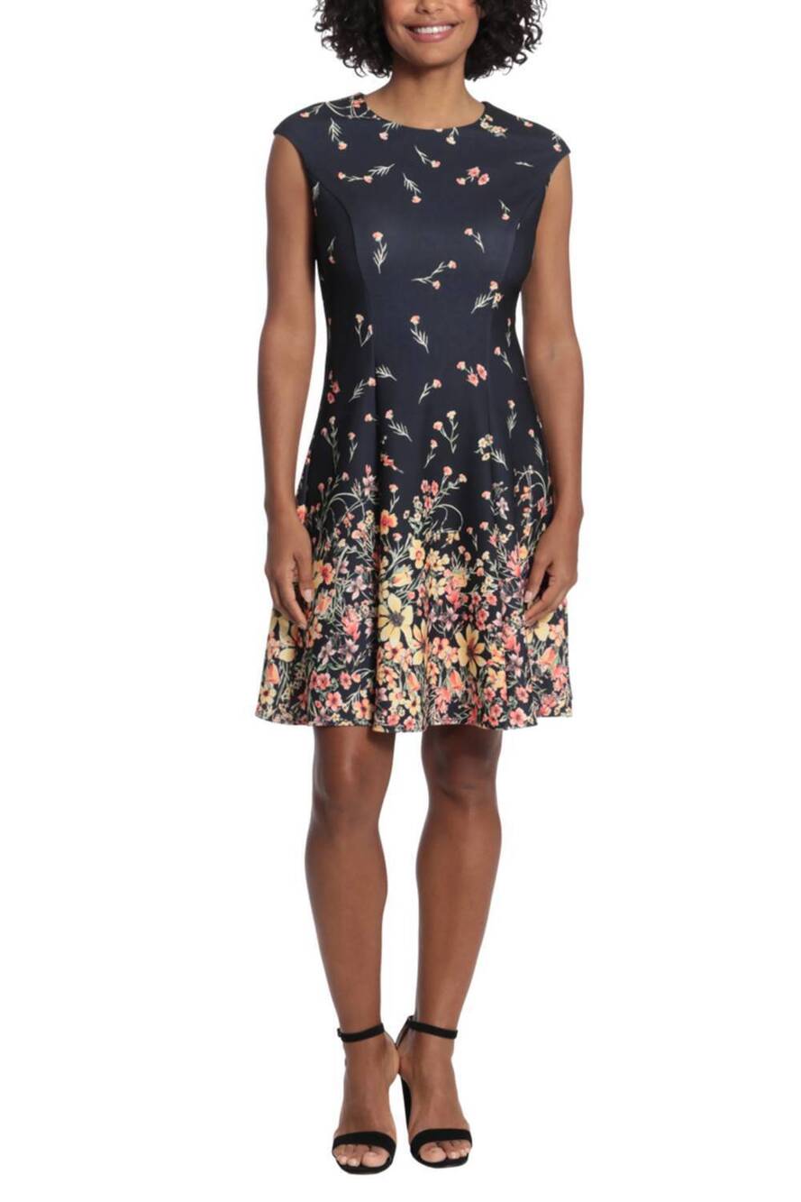 NEW LONDON TIMES floral cap sleeve a-line dress in black gold